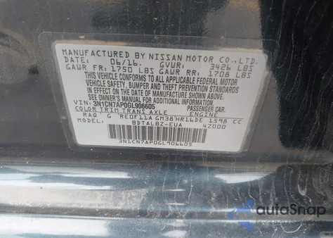 2016 Nissan Versa 1.6 Sv from USA, damaged, VIN 3N1CN7AP0GL906605